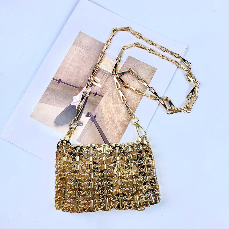 Metal Sequ Chain Hand Woven Bag Western Mobile Phone Lipstick Crossbody Bag Women