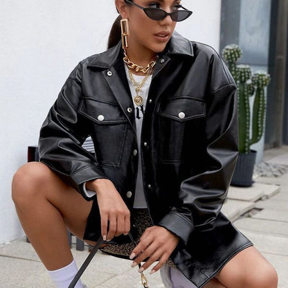 Spring Autumn New Faux Leather Women Shirt Trendy Women Coat - Wanita Store