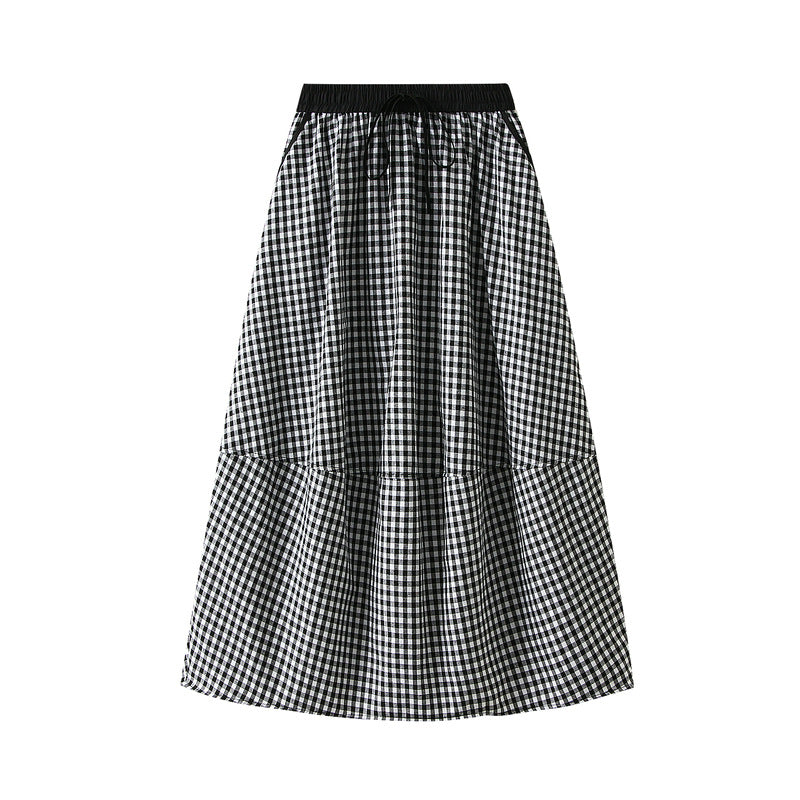 Spring Western Design Elastic Waist A line Mid Length Plaid Age Reducing Lantern Skirt Women