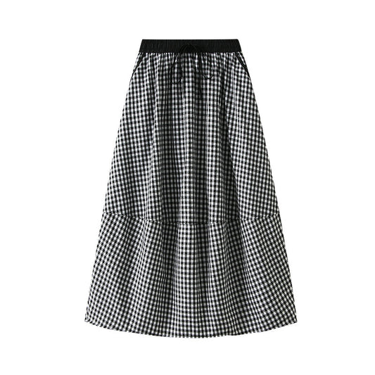 Spring Western Design Elastic Waist A line Mid Length Plaid Age Reducing Lantern Skirt Women