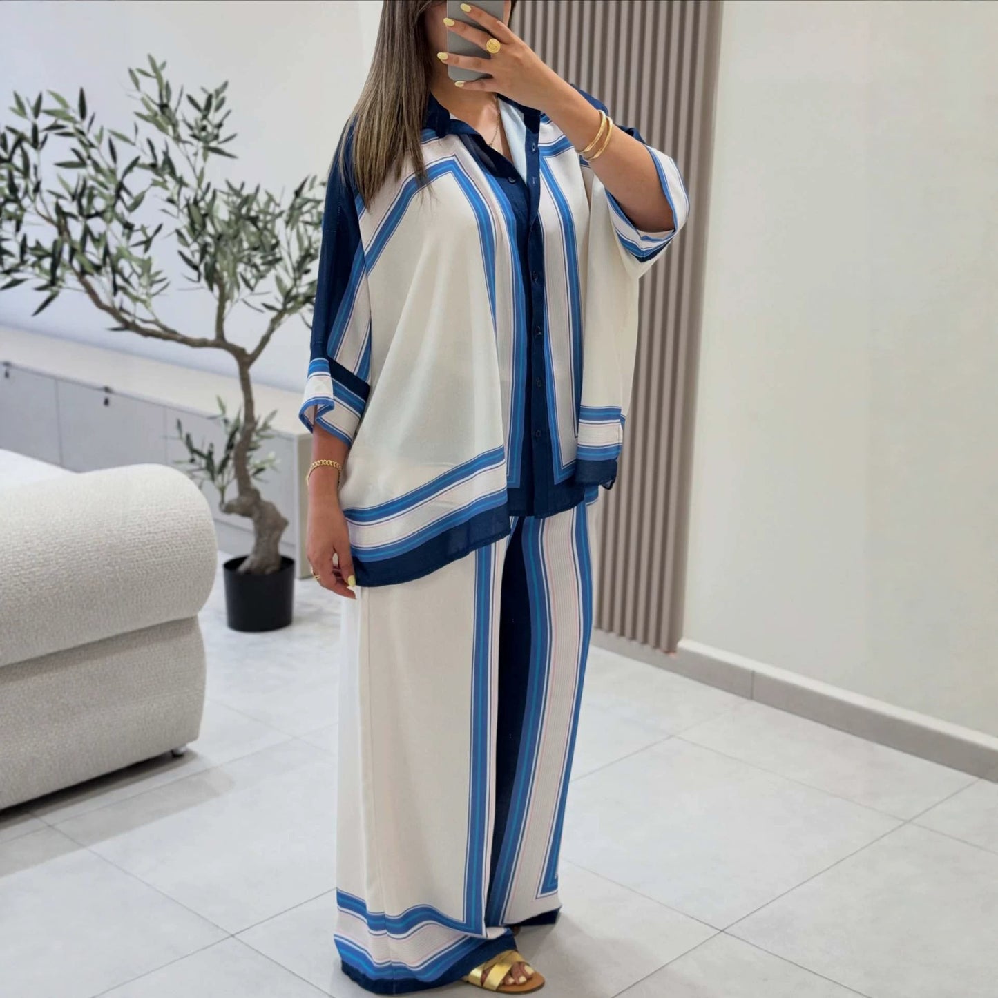 Women Clothing Positioning Printing Dyeing Loose Long Sleeved Shirt Casual Pants Two Piece Set