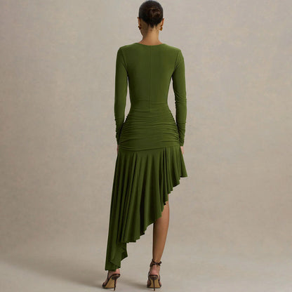Robe longue asymétrique plissée élégante et sexy pour femme - Collection Automne/Hiver