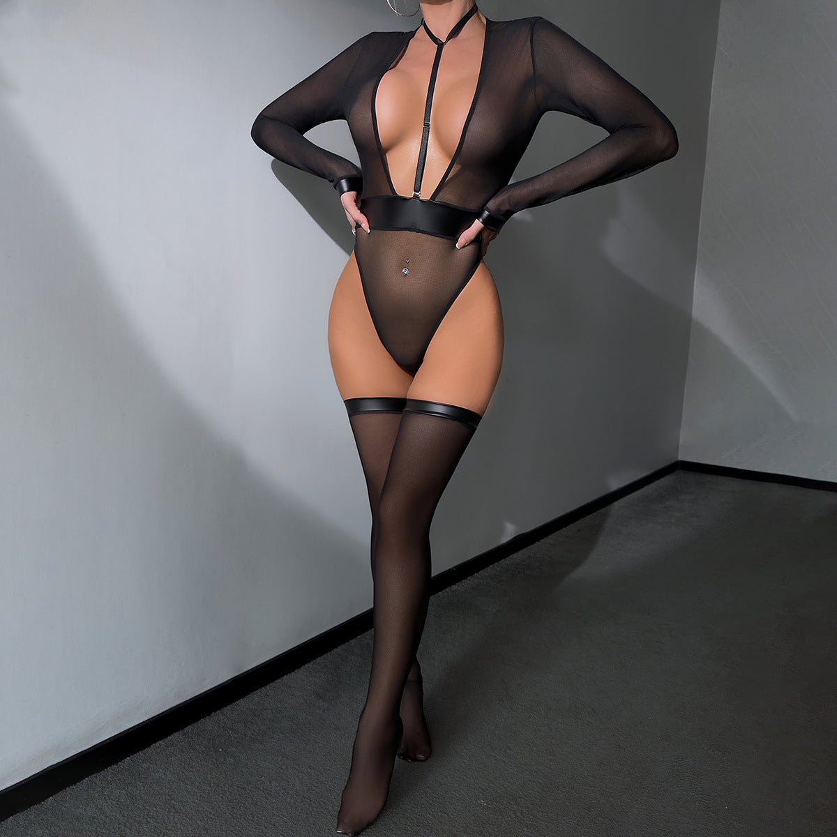 See through Deep V Plunge Halter Leather Patchwork Faux Leather Long Sleeve Jumpsuit with Sexy Stockings
