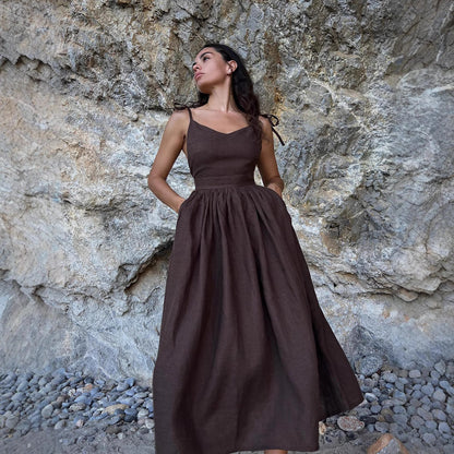 Pure Cotton V neck with Shoulder Straps Women Spring Elegant Sexy Lace up Backless Dress - Wanita Store