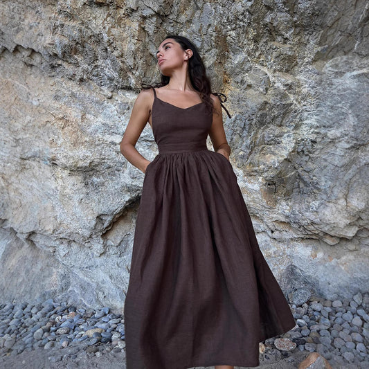 Pure Cotton V neck with Shoulder Straps Women Spring Elegant Sexy Lace up Backless Dress