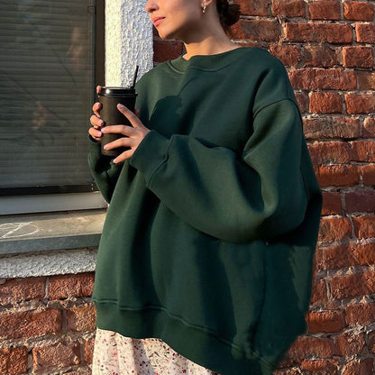 Round Neck Loose Sweatshirt Women Autumn Winter Street Solid Color Polar Fleece Pullover Sweatshirt - Wanita Store