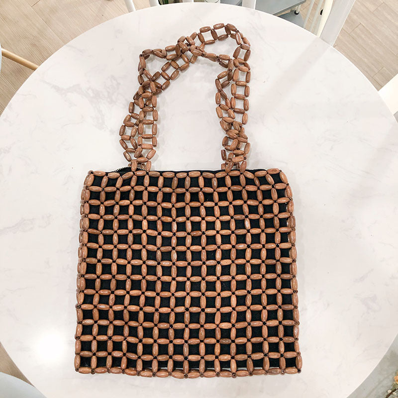 Retro Autumn Large Capacity Wooden Bead Handmade Beaded Weave Hollow Out Cutout Bag All Match Portable Shoulder