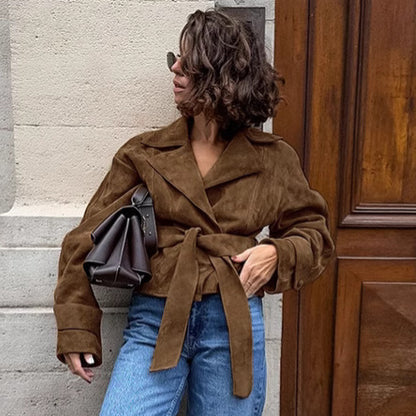 French Suede Collar Casual Double Breasted Coat Fall Winter Brushed Velvet Coat - Wanita Store