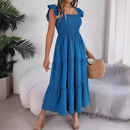 Summer Solid Color Square Collar Wooden Ear Waist A line Dress Women Clothing - Wanita Store