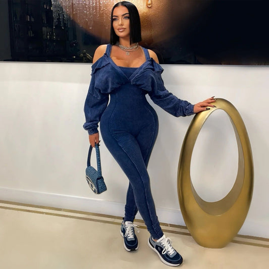 Women Wear Washed Old Sexy Cold Shoulder Bodycon Jumpsuit