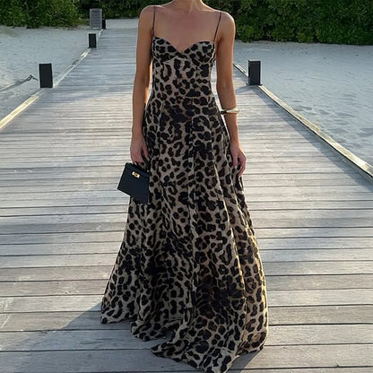 Sexy Sling Leopard Print Maxi Dress Women Clothing Autumn - Wanita Store