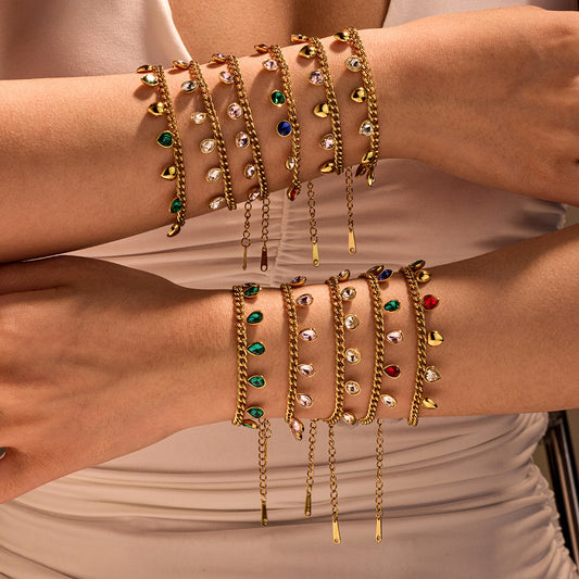 Classic All Match Stainless Steel Bracelet High Grade Colored Loving Heart Geometric Abstract Rhinestone Tassel Titanium Steel Jewelry - Wanita Store