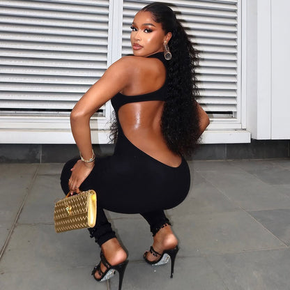 Casual Sports Women Clothing Office Hollow Out Cutout out Tight Solid Color Jumpsuit Backless Low Waist Long Jumpsuit - Wanita Store