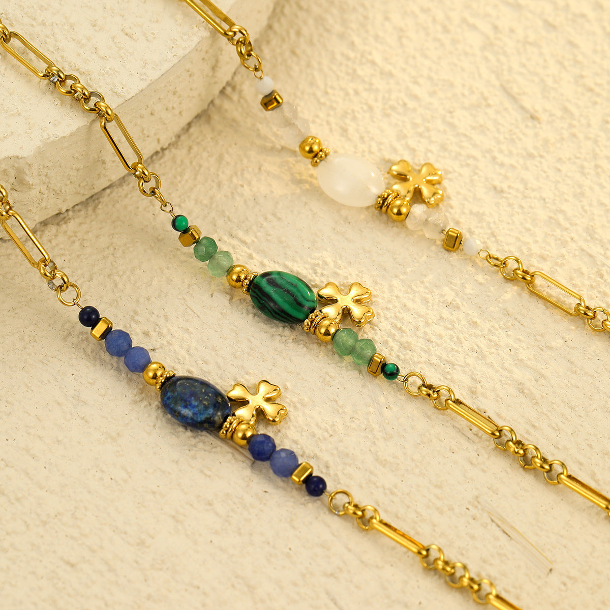 Stainless Steel Natural Stone Lapis Four-Leaf Clover Embellished Bracelet Women Titanium Steel Jewelry - Wanita Store
