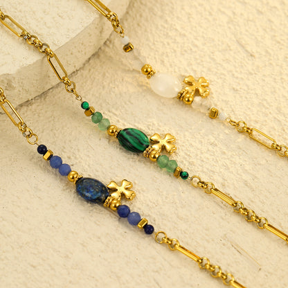 Stainless Steel Natural Stone Lapis Four-Leaf Clover Embellished Bracelet Women Titanium Steel Jewelry - Wanita Store