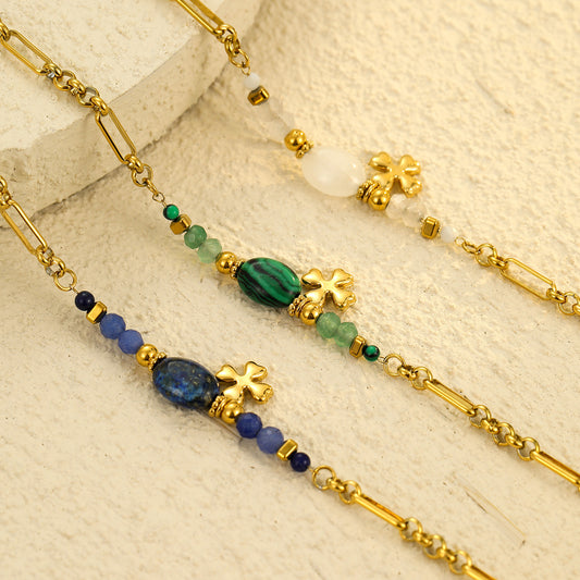 Stainless Steel Natural Stone Lapis Four-Leaf Clover Embellished Bracelet Women Titanium Steel Jewelry - Wanita Store