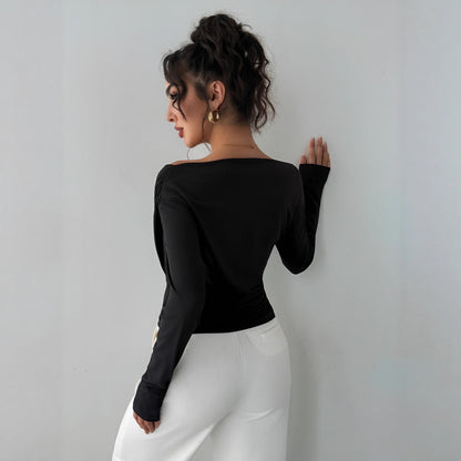 Autumn Winter Solid Color Shoulder Collar Shoulder Baring Slimming Long Sleeve All Match Office Top - Wanita Store