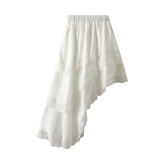 Summer Hem Irregular Asymmetric Fashionable Polka Dot Skirt Elastic High Waist Multi Layer Lace Dress