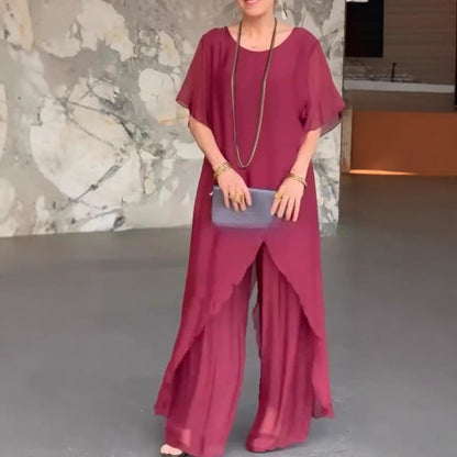 Independent Stand Color Long Irregular Asymmetric Top Loose Trousers Chiffon Two Piece Sets Women - Wanita Store