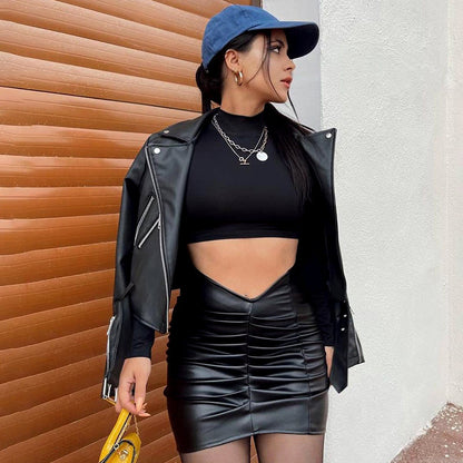Women Clothing Top Product Solid Color Pleated Faux Leather Sheath Skirt Women Skirt - Wanita Store