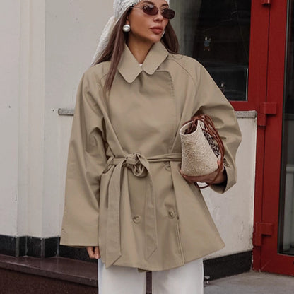 Trench Coat Women Mid Length Khaki Jacket Lace up Autumn Long Sleeve Coat - Wanita Store