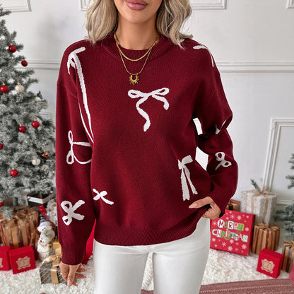 Autumn Winter Christmas Festival Sweet round Neck Bowknot Brocade Sweater Women - Wanita Store