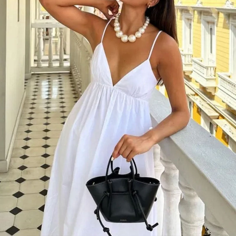 Spring Women Elegant Sexy Backless Sleeveless Solid Color V neck Suspender Skirt Large Swing Dress