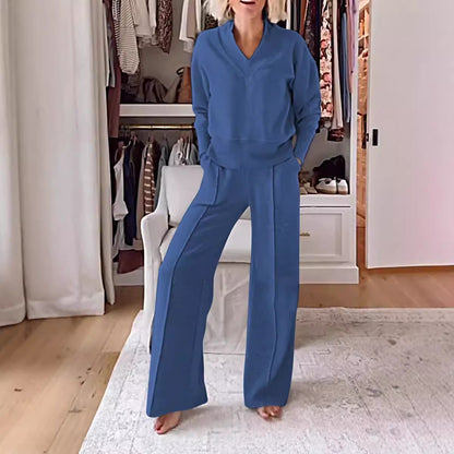 Autumn Casual V neck Long Sleeve Loose Top Wide Leg Pants Two Piece Set - Wanita Store