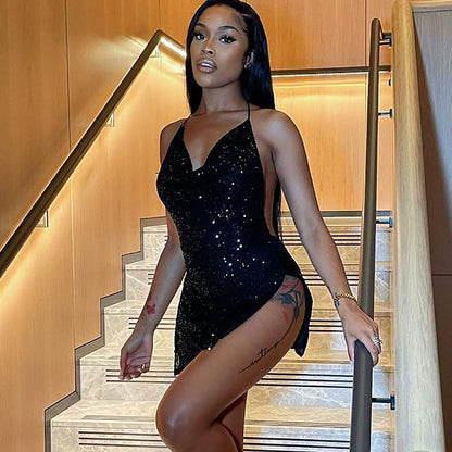Fried Street Sexy Backless Hollow Out Cutout out Halter Slimming Short Women Dress - Wanita Store