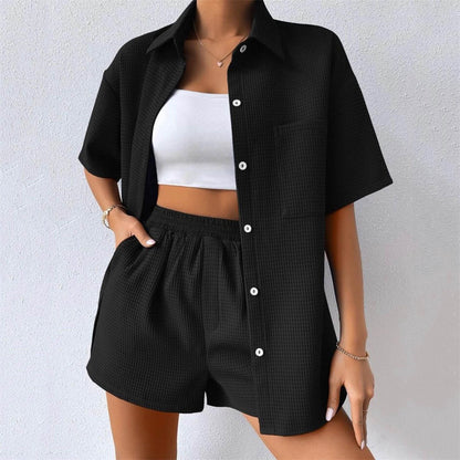 Summer Suit Women Women Loose Casual Short Sleeved Shirt Elastic Waist Shorts Two Piece Set Women - Wanita Store