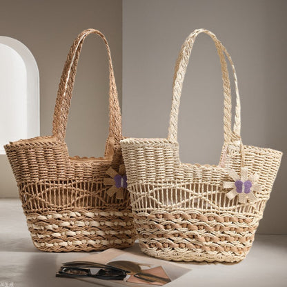 One Shoulder Hollow Out Cutout out Straw Bag Floral Contrast Color Woven Bag Vacation Beach Bag Women Bag - Wanita Store
