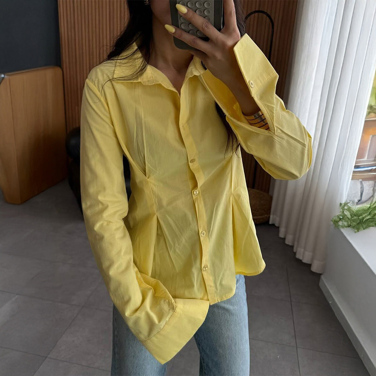 Women Clothing Autumn Elegant Solid Color Buttons Long Sleeve Shirt Top - Wanita Store