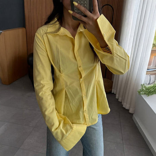 Women Clothing Autumn Elegant Solid Color Buttons Long Sleeve Shirt Top - Wanita Store