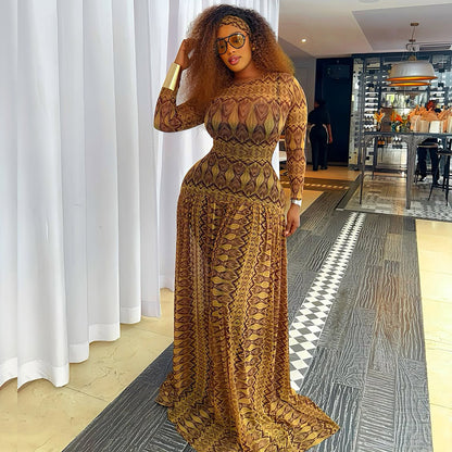 Elegant Retro Women Waist Slimming Micro Transparent A line Printing round Neck Long Sleeved Dress - Wanita Store