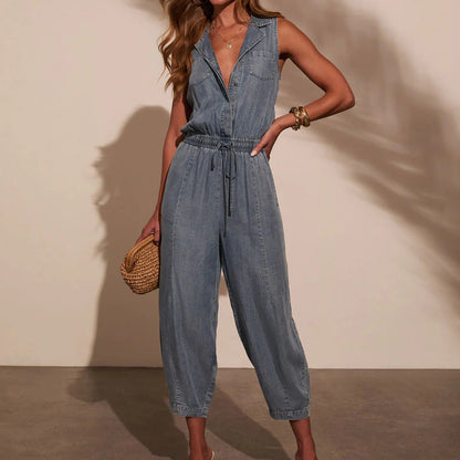 Women Clothing Summer Casual Washed out Thin Denim Jumpsuit - Wanita Store