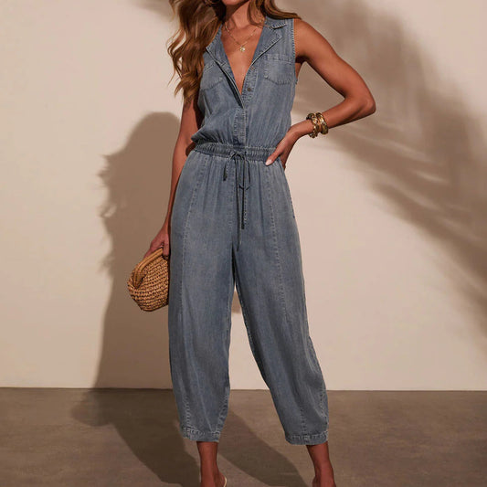 Women Clothing Summer Casual Washed out Thin Denim Jumpsuit