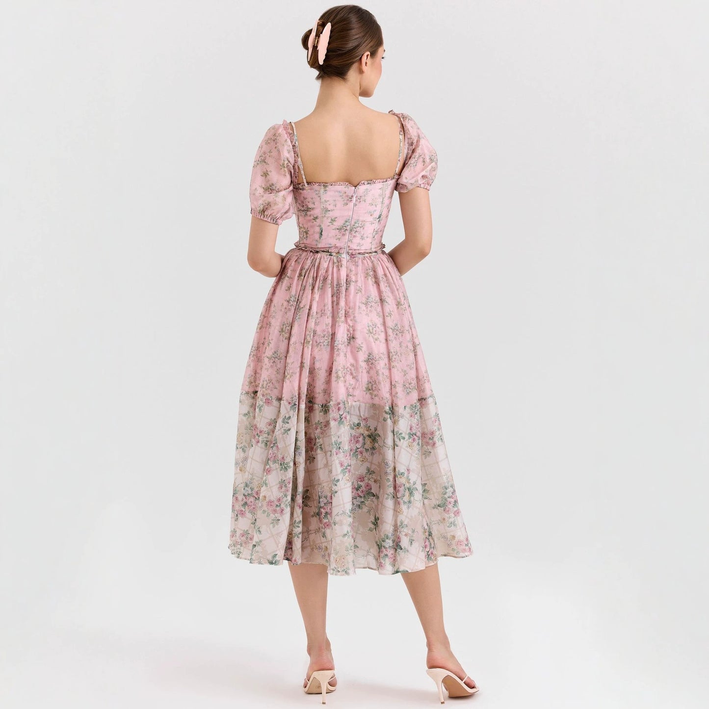 Bubble Sleeve Women Floral Floral Print Pleated Women Dress