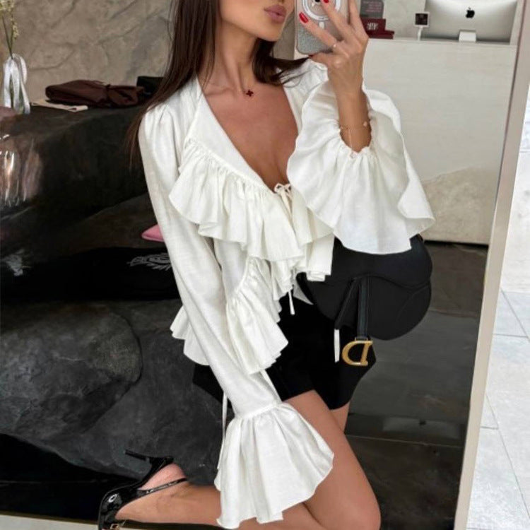 Women Clothing Spring Ruffled Flare Sleeve Tie Neck Top All Matching Shirt - Wanita Store
