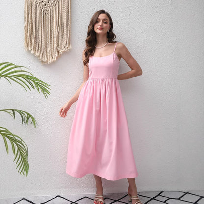Summer Suspender Maxi Dress Backless Elegant French Dress Elegant Big Hem Dress - Wanita Store