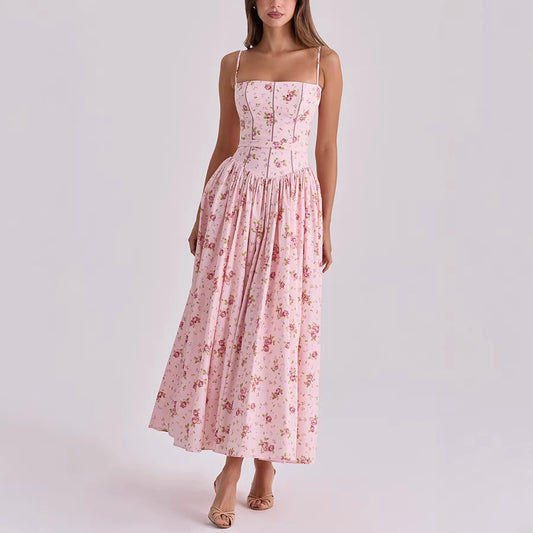 Spring Summer Printed Zipper Strap Dress Casual Holiday Dress