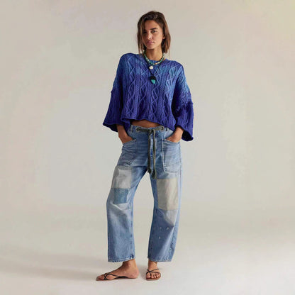 Eight Colors Retro Washed Stitching Patchwork Splash Ink Straight Drawstring - Wanita Store