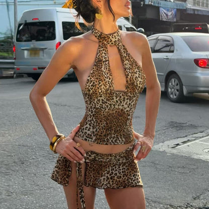 Vintage Leopard Print Hollow Out Cutout Deep V Plunge Halterneck Vest Stitching Low Waist Air Skirt with T Back Set