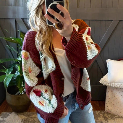 Contrast Color Floral Jacquard Single Breasted Women Autumn/Winter Casual Knitted Sweater Coat - Wanita Store