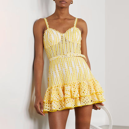 Summer Machine Embroidery Sexy Spaghetti Strap Ruffle Dress Waist Slimming Short Temperamental Dress - Wanita Store