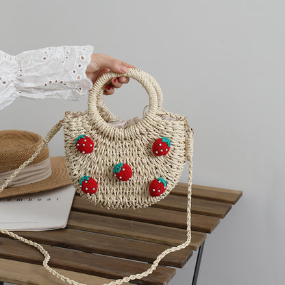 Cute Cherry Fresh Straw Bag Woven Tote Strawberry Cross Body Bag Vacation Beach Bag - Wanita Store