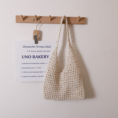 Hollow Out Cutout Cotton Thread Woven Bag Summer Simple Shoulder Straw Bag Vacation Beach Bag Women Bag - Wanita Store