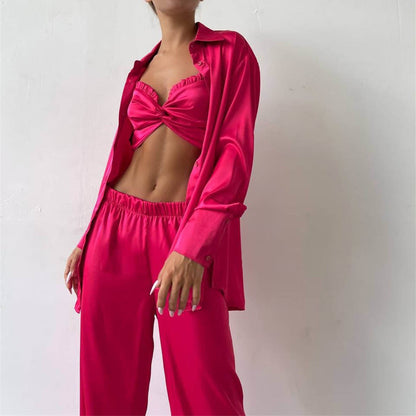 Spring Autumn Casual Satin Three Piece Set Women Clothing Satin Wrapped Chest Vest Shirt Casual Pants Set - Wanita Store