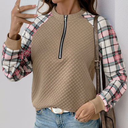 Casual Retro Cardigan Zipper Plaid Stitching Diamond Patterns Fabric Sweatshirts - Wanita Store