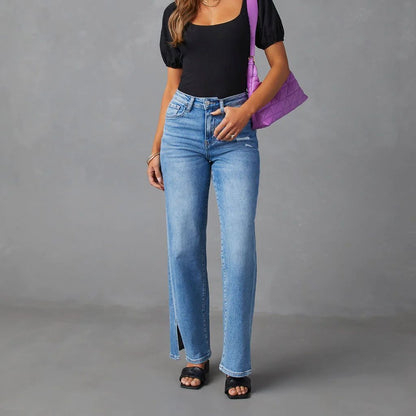 Split Jeans Women High Waist Split Straight Stretch Jeans - Wanita Store