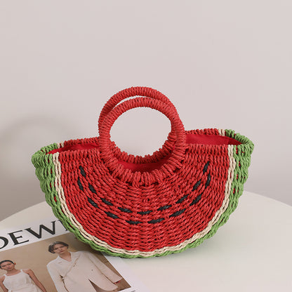 Fresh Candy Colored Watermelon Portable Straw Weaved Bag Cute Fruit Woven Bag Seaside Vacation Beach Bag - Wanita Store